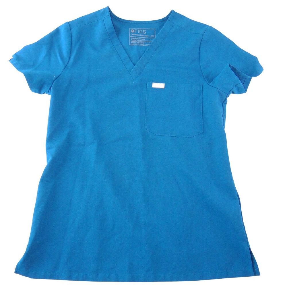 FIGS Technical Collection Womens XXS V-Neck Scrub‎ Top Teal Blue Short Sleeve